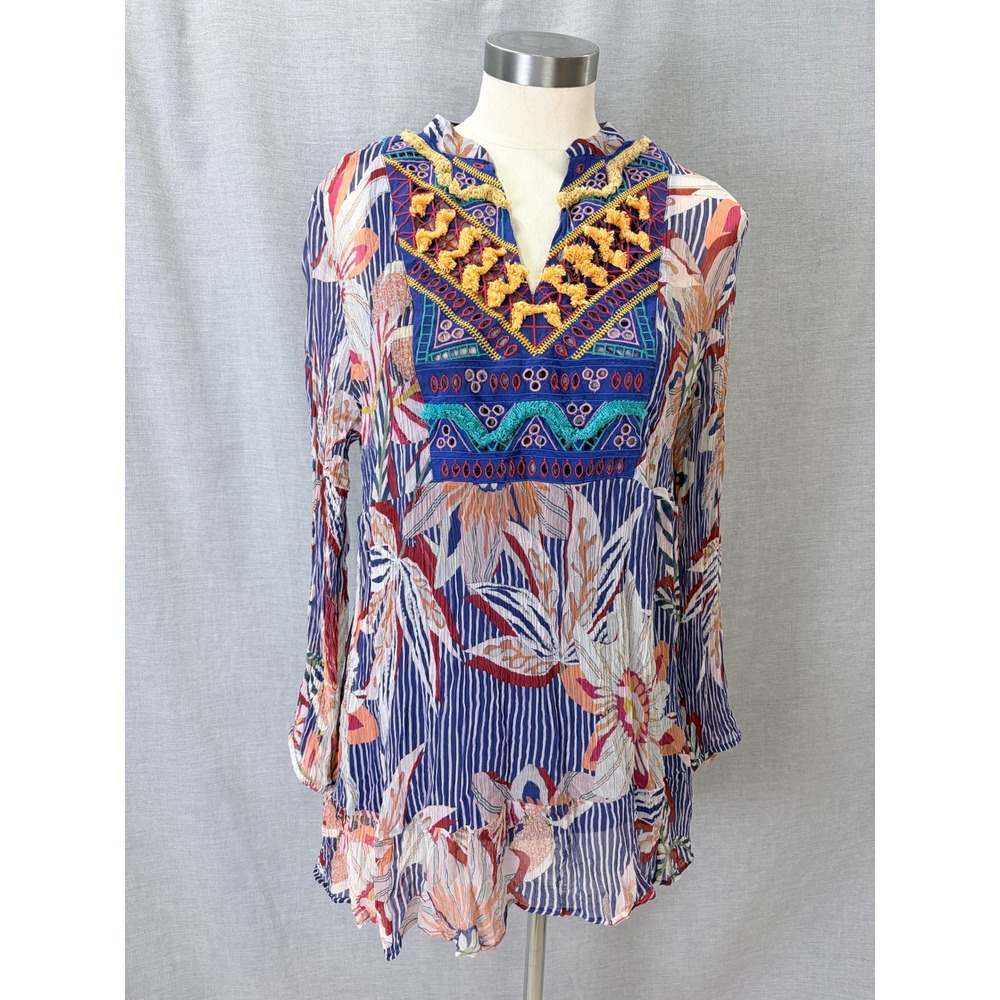 Soft Surroundings Tunic Tank Set L Blue Floral Embroidered Tassel Boho Crinkle